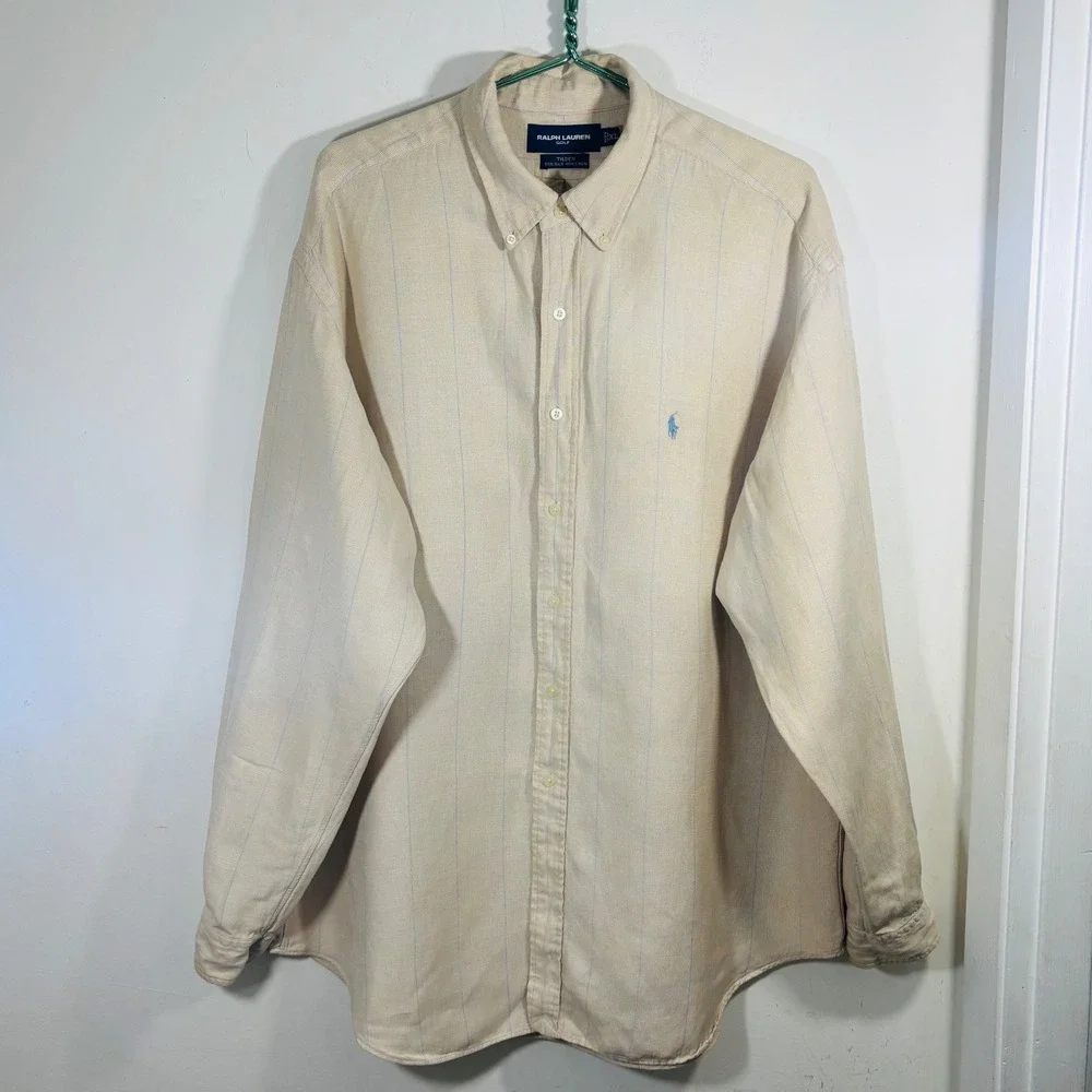 VTG Ralph Lauren Tilden Silk Linen Windowpane Cream Button Down Golf Shirt XL - Picture 3 of 8